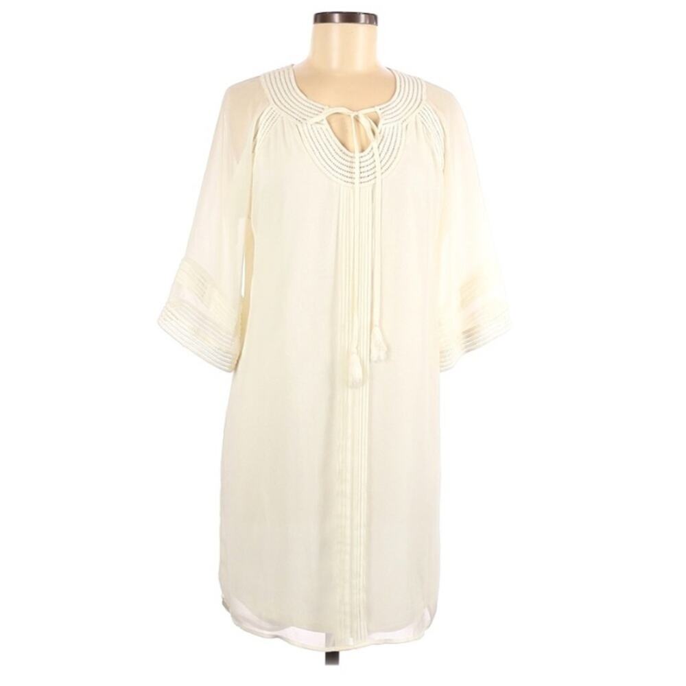 Daniel Rainn White 3/4 Sleeve Tie Neckline Shift Dress Knee Length Womens Small
